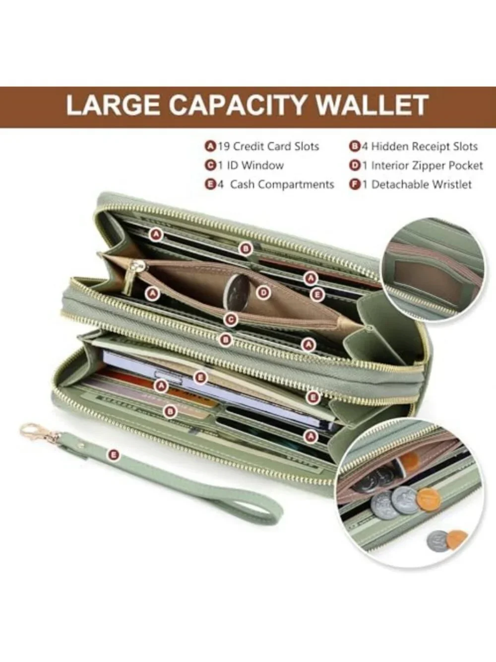 Vegan Leather RFID Blocking Wristlet Wallet - Large Capacity Clutch & Card